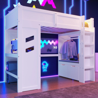 Hochbett mit Schreibtisch, Stauraum und LED-Beleuchtung, 90x200 cm, Kinderbett mit Rausfallschutz und Leiter, Kiefer