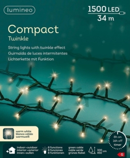 Lumineo LED-Lichterkette Lumineo Lichterkette COMPACT TWINKLE 1500 LED 34 m warm weiß, grün, Indoor, Outdoor, 8 Lichtfunktionen, 8h-Timer