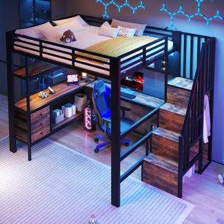 Hochbett mit RGB LED-Streifen, Regal, Schreibtisch, Schubladen und Wandgitter, 140x200 cm, Treppe mit offenem Kleiderschrank, Kinderbett, Metallbett