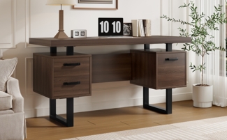 Büroschreibtisch 135 x 54 x 76 cm, Braun/Schwarz, MDF, mit 2 Schubladen & Ordnerablage