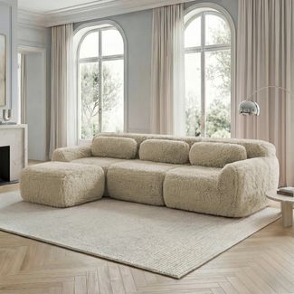Flieks 3-Sitzer Sofa, L-förmiges Sofa, rahmenlos modular mit Ottoman & 3 Kissen, rutschfester Boden, Plüsch, Hellkhaki