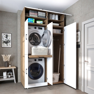 Roomart Waschmaschinenschrank " DORA SET" für Trockner & Waschmaschine, 130 cm breit, mit Aufsatzschrank , 1x Regalboden, Türen & Ausziehbrett • Weiß Eiche