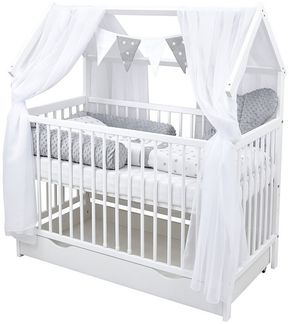 Baby-Delux Komplettbett Hausbett Babybett Schublade Schutzgitter Beißschienen Komplettset, 11-tlg, Kinderbett 60x120 cm weiß, Bettset verschiedene Designs