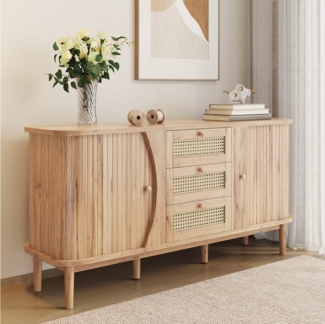 Odikalo Sideboard Anrichte Kommode Schließfach Rattan Schiebetüren Einlegeböden Natur