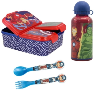 MARVEL Lunchbox Marvel Avengers Kinder Lunch Set 4tlg, (4-tlg), 3 Kammern Brotdose Alu-Trinkflasche Besteck