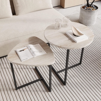 HOJINLINERO 2er Set Runde Couchtische Schwarz+Oak Holzplatte Industrial Design