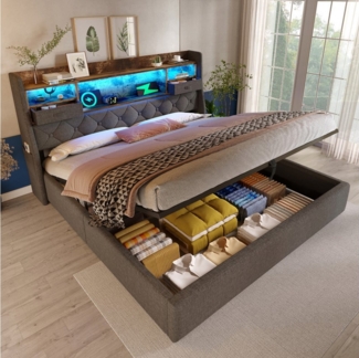 STILVORA Polsterbett 140x200 mit Schwebebett,Jugendbett Bettgestell mit LED&Ladestation (Struraumbett, Funktionsbett, 1-tlg, Grauer Leinenstoff, 140x200 cm, ohne Matratze), mit LED-Kopfteil, 4 Ladestation (USB/Type-C), Inkl. Lattenrost