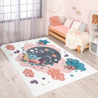 Carpet City Kinderteppich ANIME917, rechteckig, Höhe: 11 mm, Kinderzimmer Teppich Modern mit Mond, Blumen, Wolken, Creme, Multi
