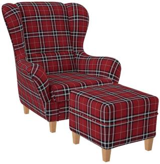 Supellex Ohrensessel Sofia Relaxsessel mit Hocker Design Oxford kariert Rot