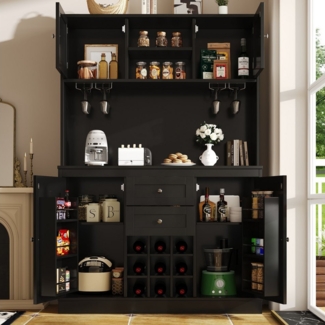 Flieks Küchenbuffet mit verstellbaren Ablagen & Weinregal & Türablagen (1-St, B120/T40/H188 cm) Hochschrank Küchenschrank Geschirrschrank mit Gläserhalter Schwarz