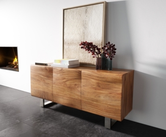 Sideboard New Live-Edge 145 cm Akazie Natur 3 Türen Kufe Edelstahl gebürstet