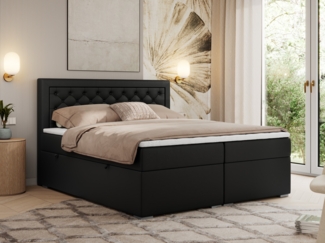 Boxspringbett, Modern Bett mit Multipocket-Matratze und zwei Bettkästen - JASIR - 140 x 200 cm - Schwarz Kunstleder - H4