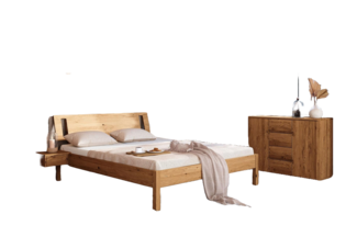 Bett Bento 8 Sonderlänge 160x220 Wildeiche massiv mit Holzkopfteil und Holzbeine