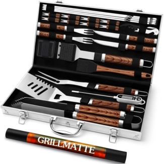 LuxusKollektion Grillbesteck-Set, 26-teilig, Edelstahl silber / Holz natur