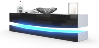 Vladon Lowboard City, TV-Kommode mit Sockelelement, 1 offenem Fach und 3 Schubkästen, Weiß matt/Schwarz Hochglanz, inkl. LED-Beleuchtung (178 x variabel x 39 cm)