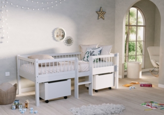 FORREST Buche Junior-Spielbett 90x200 cm, inkl. Lattenrost, 2 Rollboxen und Leiter, Ausf. Buche massiv weiß lackiert