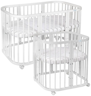 Waldin Babybett aus Holz 7in1 mit Matratze, mitwachsendes Kinder-Bett, belüftet, Boden 5-fach verstellbar, All-Inclusive-Set Holz weiß, Ohne Stoffset