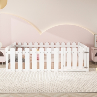 Weißes Bodenbett 140x200 cm Mit Sicherheitszaun Und Tür Massivholz Kinderbett Ohne Lattenrost Spielbett Mit Kreis Design Modernes Bett Für Kinderzimmer