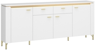 Lomadox Sideboard LUKA-129, weiß mit goldfarbenen Akzenten, 2 Schubladen, Breite 200cm