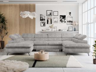 Ecksofa U-Form, mit Bettkasten, Bettfunktion und Einstellbare Kopfstützen, Sofa big XXL - PETER U - Grau Cord