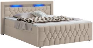 Juskys Boxspringbett Leona 180x200 cm - Bett mit LED Beleuchtung, Topper & H4 Federkern Matratzen - Einzelbett Beige mit Samt und Steppung