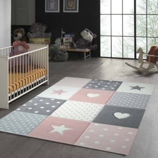 TeppichHome24 Kinderteppich Kinderteppich mit Herz Stern in Rosa Weiss Grau, rechteckig, Höhe: 1.3 mm