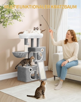 Kratzbaum, 98cm Kleiner Katzenbaum, Geräumiges und Stabile, mit Weiche Große Plattform, Plüschbälle, Höhlen, Kratzsäulen, Katzenkratzbrett, Hellgrau