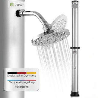 Juskys Solardusche Victoria 40 Liter - 225 cm - bis 60°C – mit schwenkbarem Duschkopf, Fußdusche & Gartenschlauch Anschluss Gartendusche Außendusche