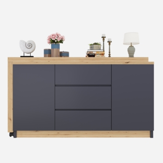 Schreibtisch, Mit feststellbaren Rollen multifunktionales Design 4 cm dickere drehbare Tischplatte fest arretierbar faltbar als Eckschreibtisch oder Sideboard verwendbar, Holz+Metall, Grau/Eiche