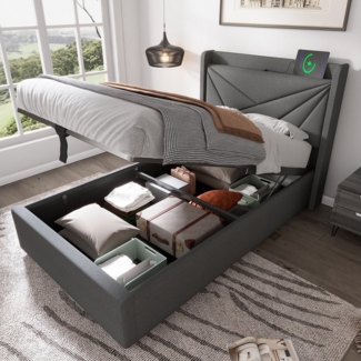 HAUSS SPOLE Polsterbett Polsterbett Einzelbett Funktionsbett Bettrahmen Kinderbett (90x200 mit lattenrost, Ohne Matratze), Massivholz Stauraumbett mit USB/Typ-C Ladeanschluss