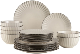 Retro Tafelservice fr 6 Personen in cremigem Wei mit schner Wellenform, 18-teiliges rundes Geschirrset mit Speiseteller, Dessertteller und Mslischale, Essgeschirr Set