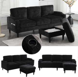 LVHOM Loungesofa mit Hocker & Stauraum, 4-Sitzer, Armlehnen, Getränkehalter, Seitentaschen, weiche Chenille-Stoff, modulare Sofa, Schwarz