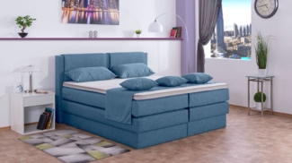 Meisterbetten Boxspringbett Dora 140x220 in W-Blue, Matratzenbezug Nano, Komfortschaum-Topper