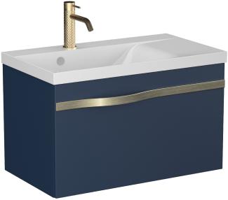 BADEDU FILS Waschbecken mit Unterschrank 69 cm breit, Blau, Waschbecken Gussmarmor Weiß, Griff Silber