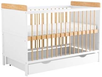 Baby-Delux Babybett Ella Weiß Natur mit Schublade, Kinderbett 60x120 cm weiß höhenverstellbar, Kiefer mit Matratze