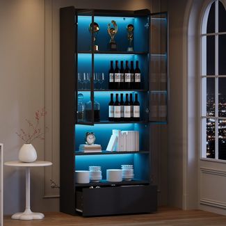 Merax Standvitrine Vitrine mit LED-Beleuchtung und Stauraum (für stilvolle Aufbewahrung und Präsentation von Sammlerstücken, 1-St, 80 x 34 x 180 cm) Wohnzimmerschrank mit Schublade & 2 Glastüren, Hochschrank, Standregal