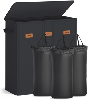 SONGMICS Wäschekorb mit 3 Fächern, 160 L, mit Deckel, 5 Etiketten, herausnehmbarer und waschbarer Innensack, Waschküche Schlafzimmer, tintenschwarz