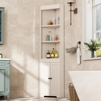 Merax Badkommode Hochschrank Eckschrank mit verstellbaren Einlegeböden (1 St, 49.5x35x170cm), Dreieckiger Badezimmerschrank mit 3 offenen Fächern und Flügeltüren