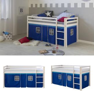 Hochbett Spielbett Kinderbett Leiter Kiefer Vorhang blau 90x200 Jugendbett