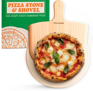Praknu Pizzastein Pizzastein Rund und Pizzaschieber im 2er Set, Cordierit, (Set, 2-St, Pizzastein und Pizzaschieber Set), Für Knusprigen Boden - bis 900 °C - Wärme Speichernd - Pizzaschaufel
