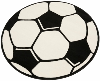 Kurzflor Kinderteppich Fußball, rund - weiß schwarz - 150x150x0,8cm