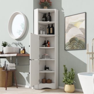 Badezimmerschrank dreieckig, Volllackierung, zwei offene Ablagefächer, zwei Schranktüren, verstellbare Trennwände, einfache Form, Weiß