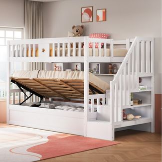 Flieks Etagenbett, Kinderbett Hydraulisches Unterbett 90x200cm mit Regal & Stauraumtreppe