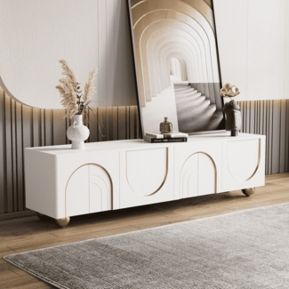 BlingBin TV-Schrank Fernsehtisch Fernsehschrank Lowboard mit Strukturierten Türen (TV-Board mit Goldenen Runden Beinen und Verzierungen, 1-St, 170*38*44cm, Produktladung: 95KG, Weiß und Gold) Inklusive Einlegeböden, Push-to-open, Spanplatte