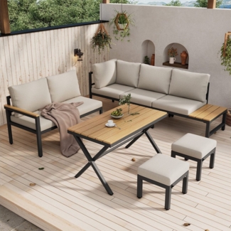 HAUSS SPOLE Gartenlounge-Set Gartenmöbel-Set mit Ecksofa, 2 Hocker, Esstisch, verzinkter Stahl Grau, (Gartenmöbel-Set, Outdoor-Sofa-Set, Balkonset, 6-tlg, Ecksofa, 2 Hocker, Esstisch), Kunststoff-Holz-Tischplatte mit Ablagen, verzinkter Stahl
