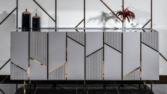 Casa Padrino Luxus Sideboard Grau / Gold 220 x 51 x H. 86 cm - Massivholz Schrank mit 4 Türen - Esszimmer Möbel - Wohnzimmer Möbel - Hotel Möbel - Luxus Möbel
