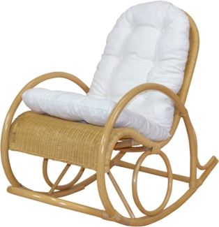 Schaukelstuhl aus Rattan handgefertigt, beige, Kissen creme