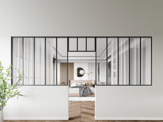 Vente-unique - Atelier-Glaswand mit Oberlicht 2er-Set - thermolackiertes Aluminium - 2x 150 x 130 + 73 x 40 cm - Schwarz - BAYVIEW