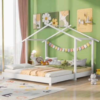Merax Hausbett 90 /180 x 190cm Holz Kinderbett für Jungen & Mädchen Massivholz Kinder Bett umbaubar Bodenbett mit Lattenrost weiß