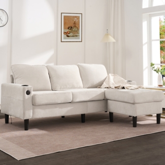 3-Sitzer-Sofa mit zwei Getränkehaltern,USB- und Typ-C-Anschlüssen, Beige